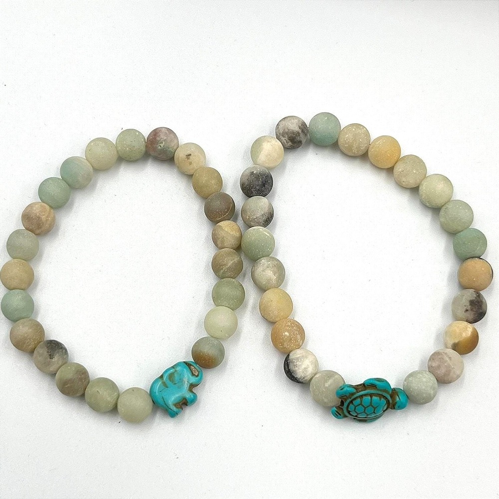 Vintage Boho Matte Stone Stretch Bracelet Set Elephant & Turtle Charms Y2K 2pc‎